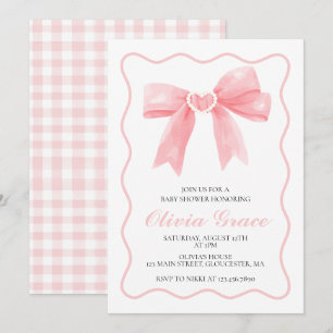Invitation Baby shower prépa avec un nœud rose et gingham