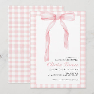Invitation Baby shower prépa avec un nœud rose et gingham