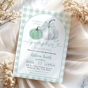 Invitation Baby Shower Préparé Vert Sauge Gingham Citrouille