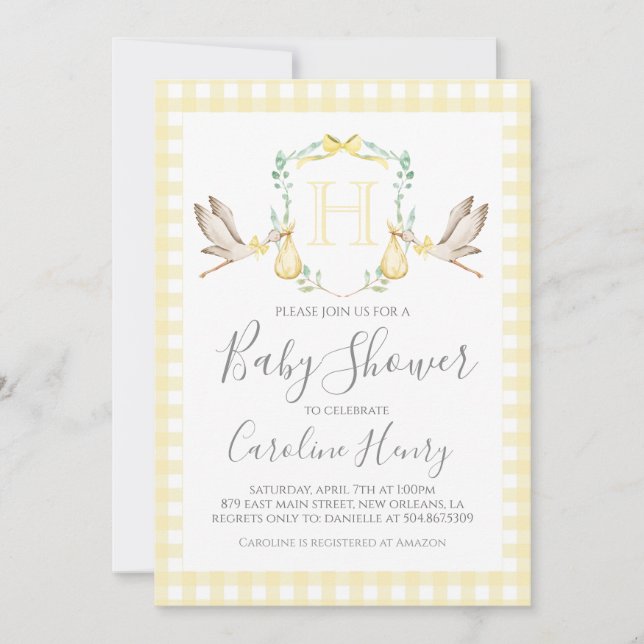 Invitation Baby shower Preppy En vichy cigogne jaune neutre (Devant)