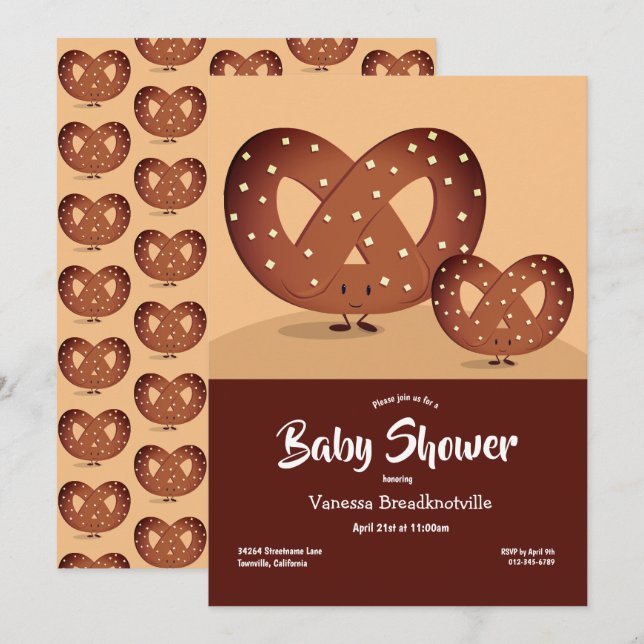 Invitation Baby shower Pretzel Brown Foodie mignonne Carton (Devant / Derrière)