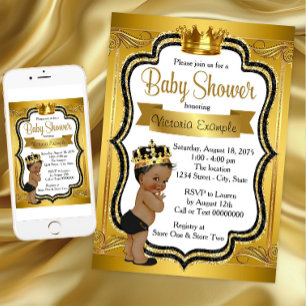 Invitation Baby shower Prince Afro-Américain Noir et Or