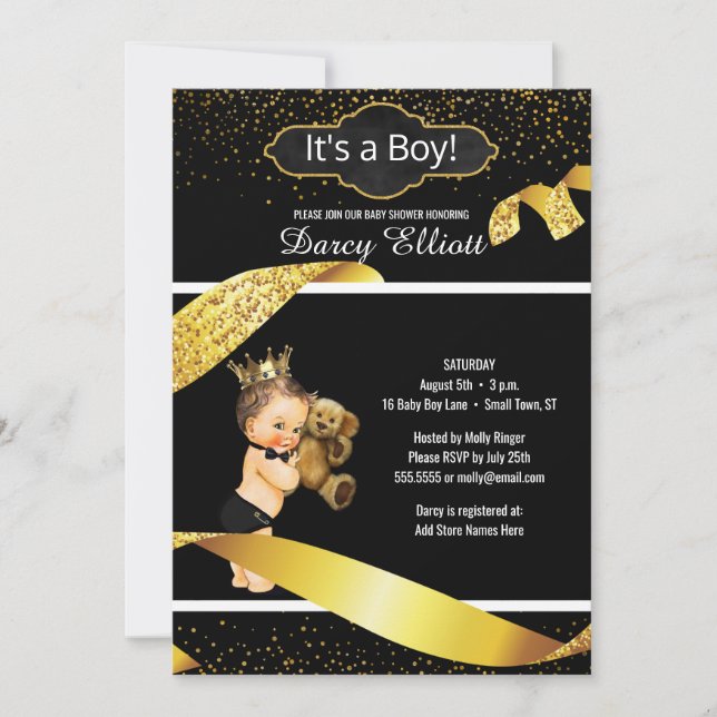 Invitation Baby shower Prince Boy| Black Faux Gold Parties sc (Devant)