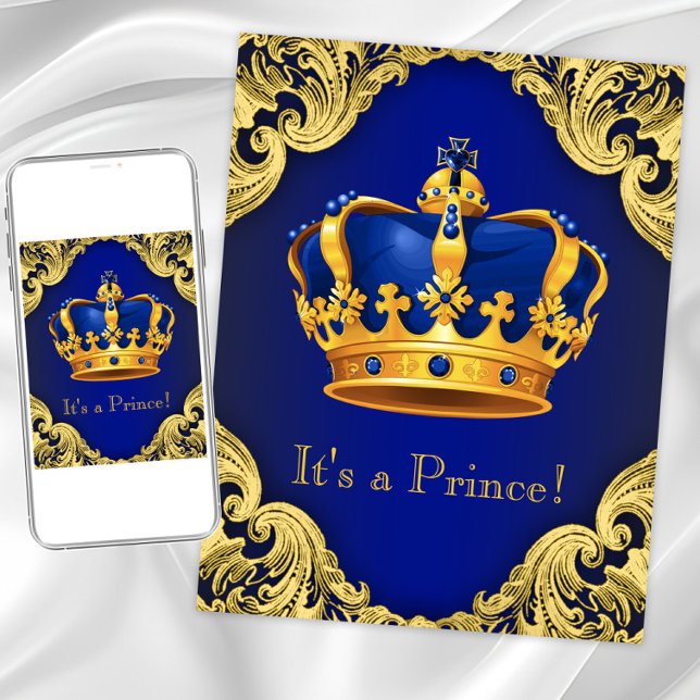 Invitation Baby shower Prince Fancy Bleu et Or (Prince crown baby shower invitation. Instant download and printed invitations available.)