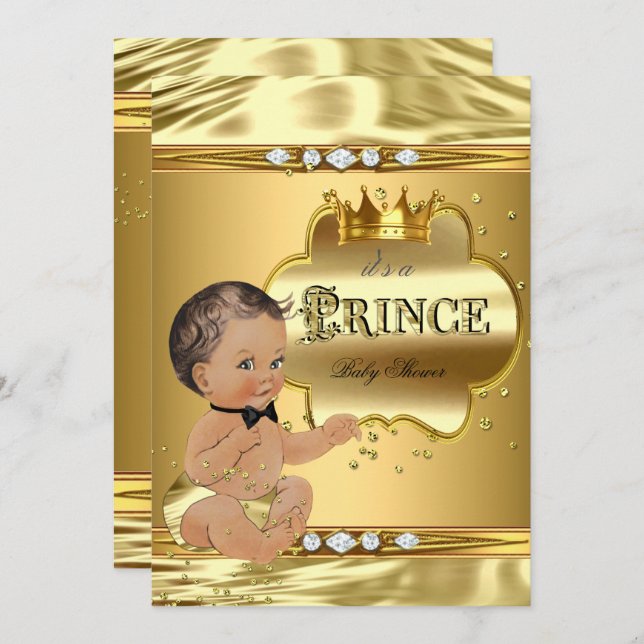 Invitation Baby shower Prince Gold Foil Brunette Bow Cravate (Devant / Derrière)
