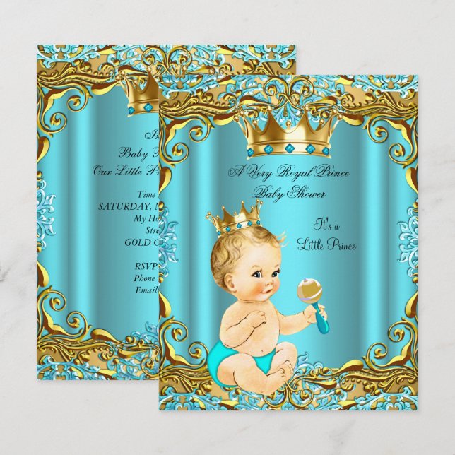 Invitation Baby shower Prince Gold Turquoise Aqua Blonde Boy (Devant / Derrière)