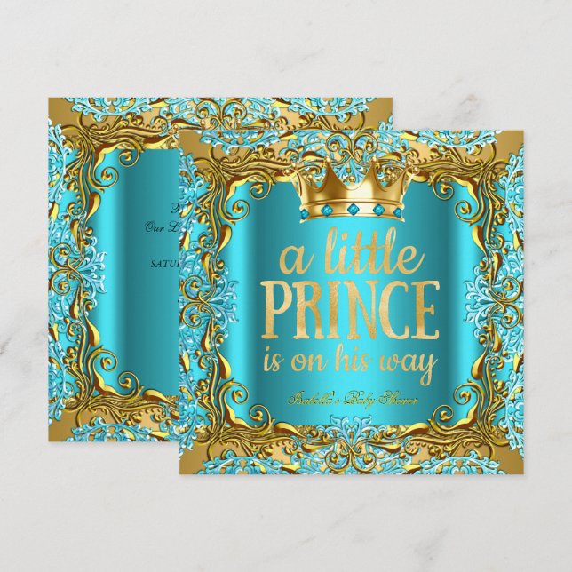 Invitation Baby shower Prince sur le chemin Gold Turquoise Aq (Devant / Derrière)