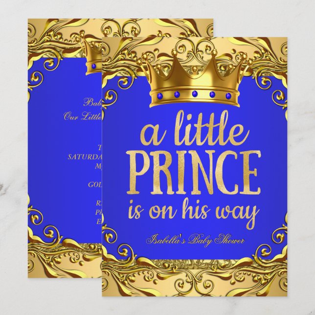 Invitation Baby shower Prince sur son chemin Gold Royal Blue (Devant / Derrière)