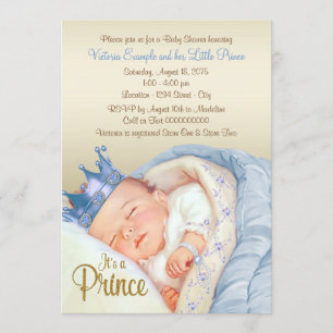 Invitation Baby Shower Prince Vintage Bleu Or