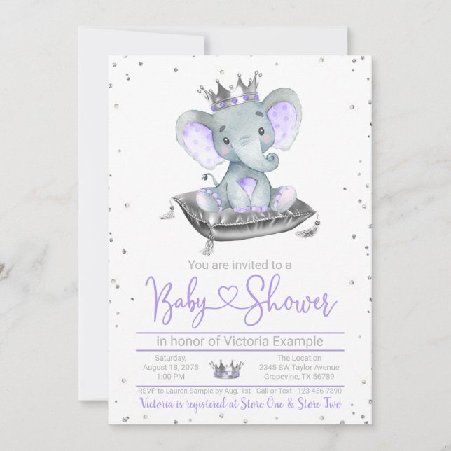 Invitation Baby shower Princess Elephant Violet (Devant)