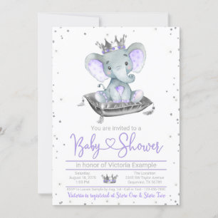 Invitation Baby shower Princess Elephant Violet