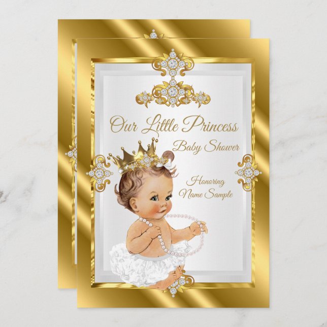 Invitation Baby shower Princesse Blanc Or Brunette (Devant / Derrière)