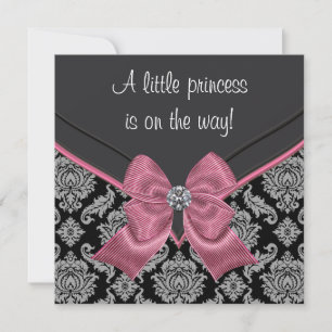 Invitation Baby shower princesse Bow rose Damask noir