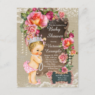 Invitation Baby shower princesse Burlap Lace Pearl