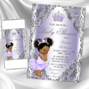 Invitation Baby shower Princesse de cheveux Afro Argent viole