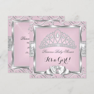 Invitation Baby shower princesse fille rose argent damas