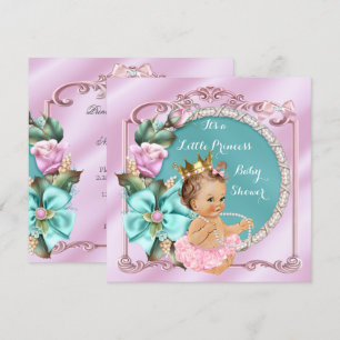 Invitation Baby Shower Princesse Fleurs Bleu Turquoise Rose B