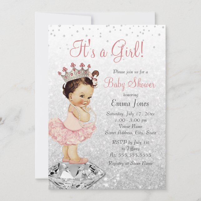 Invitation Baby shower Princesse Parties scintillant en argen (Devant)