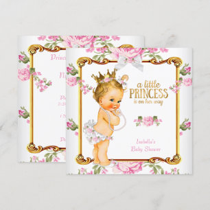 Invitation Baby Shower Princesse Rose Blanc Floral Blonde Fil