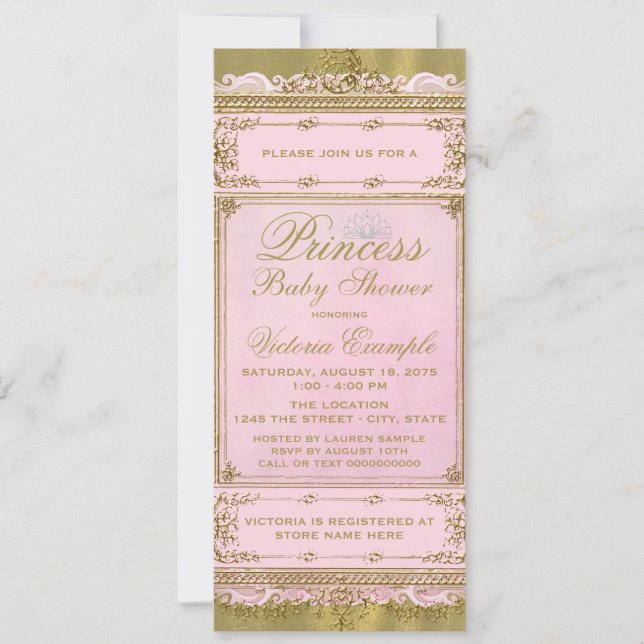 Invitation Baby shower princesse rose et or à huile (Devant)