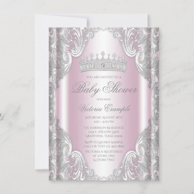 Invitation Baby shower princesse rose gris argenté (Devant)