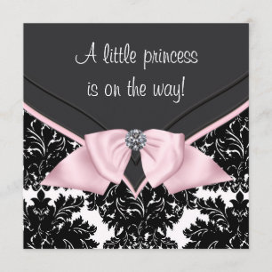 Invitation Baby Shower Princesse Ruban Rose Damask Noir