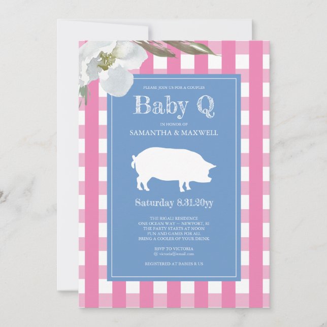 Invitation baby shower Q En vichy et cochon bébé (Devant)