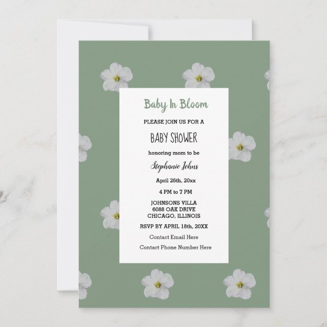 Invitation Baby shower QR Code Floral Bloom Sage Vert mignon (Devant)