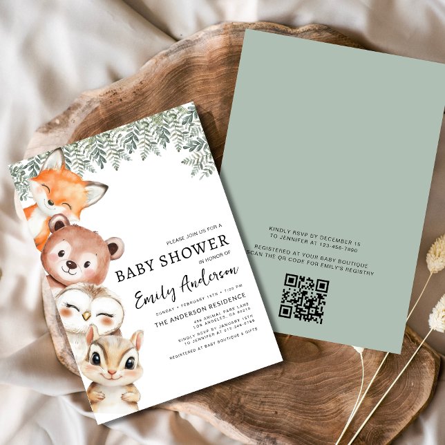 Invitation Baby shower QR Code Woodland Animaux (Créateur téléchargé)
