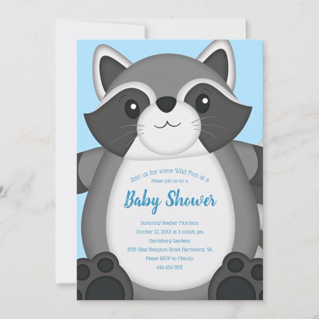 Invitation Baby shower Raccoon bleu (Devant)