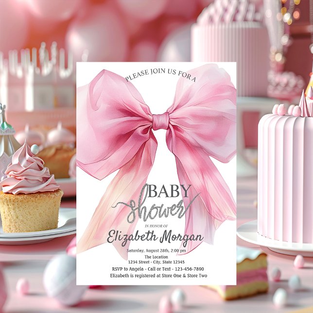 Invitation Baby shower rayé Chic Bow rose (Créateur téléchargé)