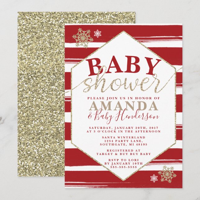 Invitation Baby shower rayé de Noël (Devant / Derrière)