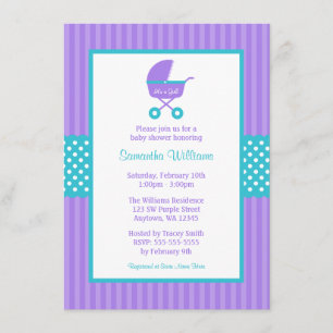 Invitation Baby shower rayé de points de chariot pourpre et