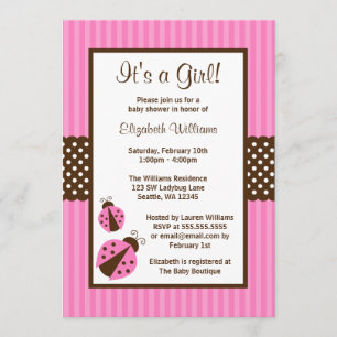 Invitation Baby shower rayé de points de coccinelle rose et