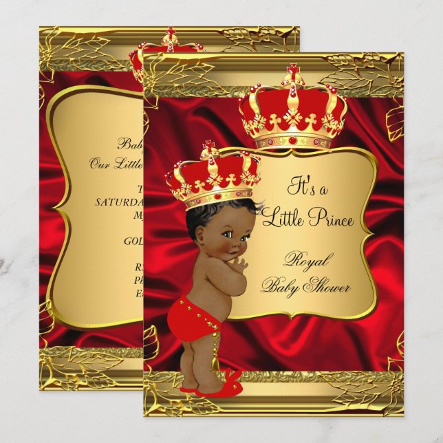 Invitation Baby shower Red Gold African American Prince (Devant / Derrière)
