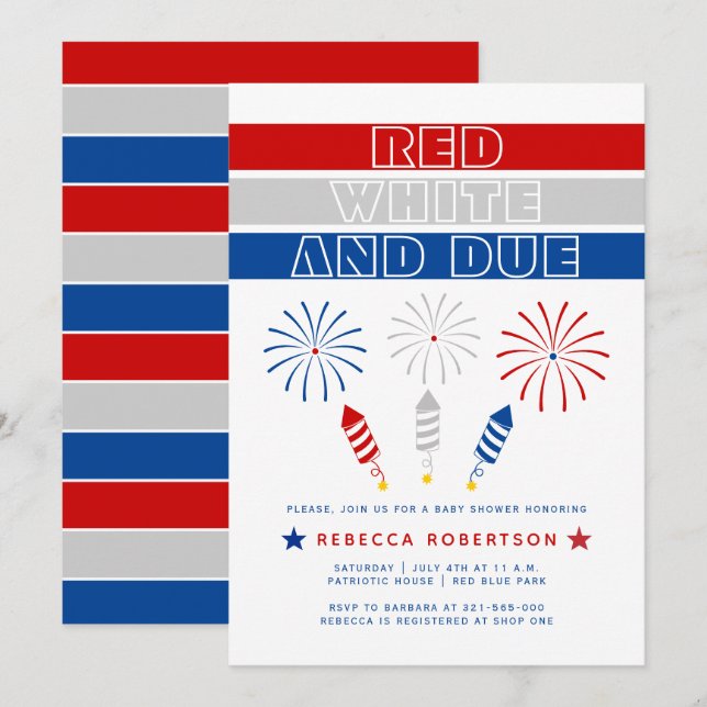 Invitation Baby shower Red White 4 juillet pétards (Devant / Derrière)