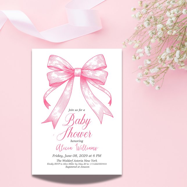 Invitation Baby shower Retro Coquette Rose Bow (Créateur téléchargé)