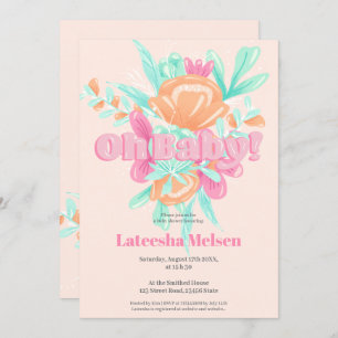 Invitation Baby shower rétro de calligraphie florale rose mod