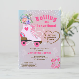 Invitation Baby shower rétro floral sarcelle roller skate boh