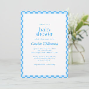 Invitation Baby Shower Rétro Garçon Damier Bleu Blanc