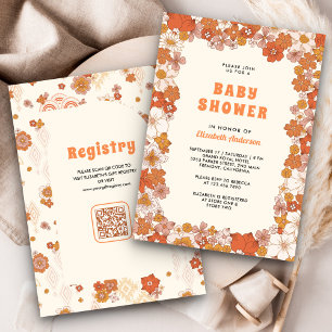 Invitation Baby Shower Rétro Groovy Fleur Sauvage Orange Crèm