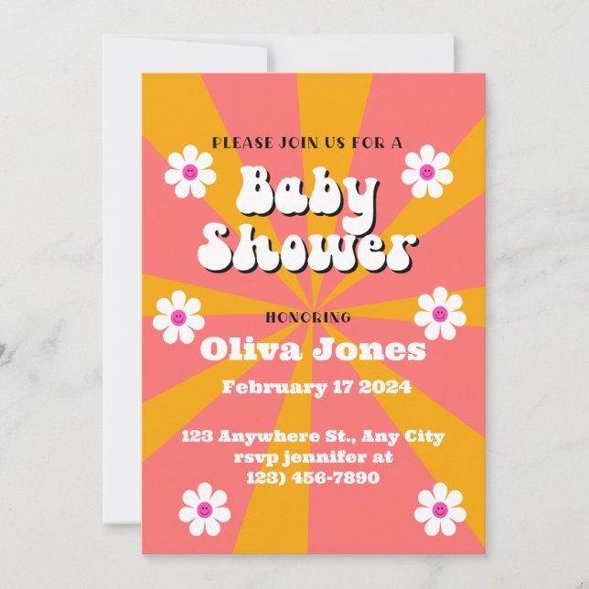 Invitation Baby shower rétro Super orange et rose (Devant)