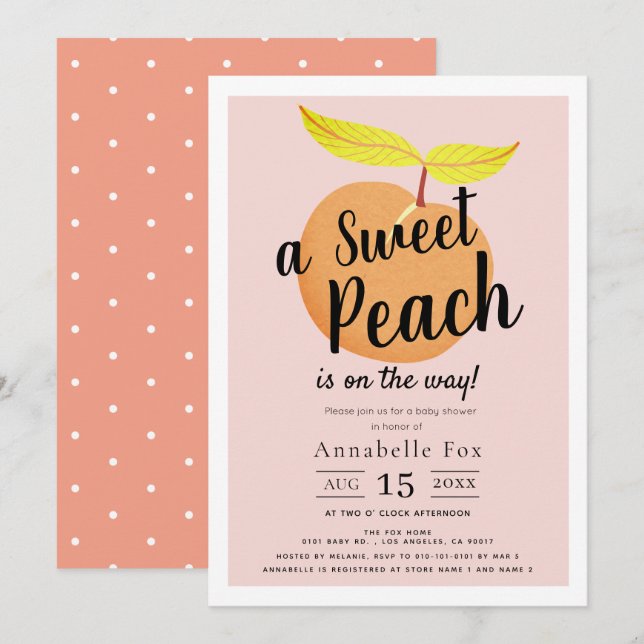 Invitation Baby shower Retro Sweet Peach (Devant / Derrière)