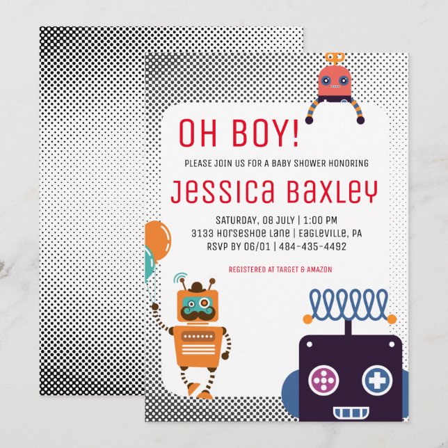 Invitation Baby shower robotique rétro (Devant / Derrière)