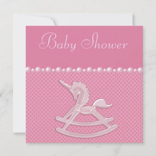 Invitation Baby shower Rocking Horse Unicorn, Pearls & Hearts (Devant)