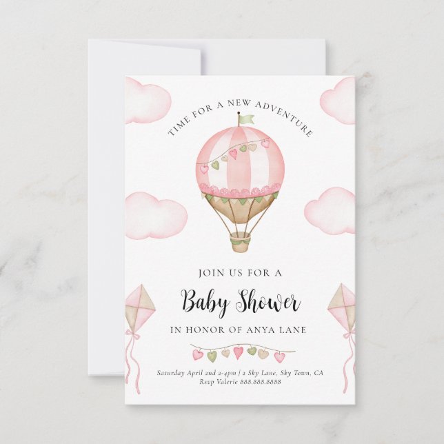 Invitation Baby shower rose à air chaud Fille d'invitation (Devant)