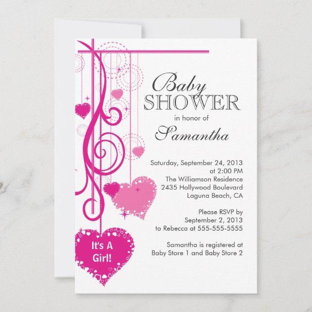 Invitation Baby shower rose accrochant moderne de coeurs (Devant)