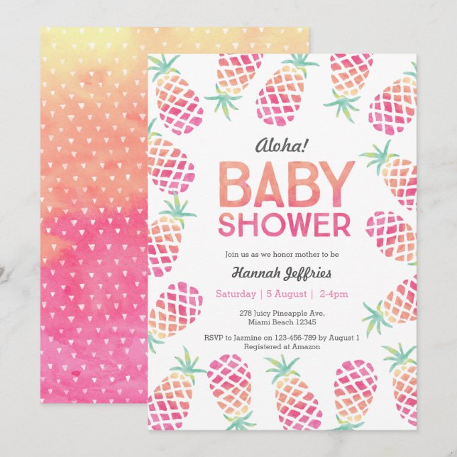 Invitation Baby shower rose ananas tropical (Devant / Derrière)