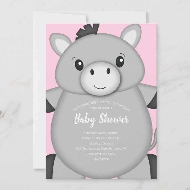 Invitation Baby shower rose âne (Devant)