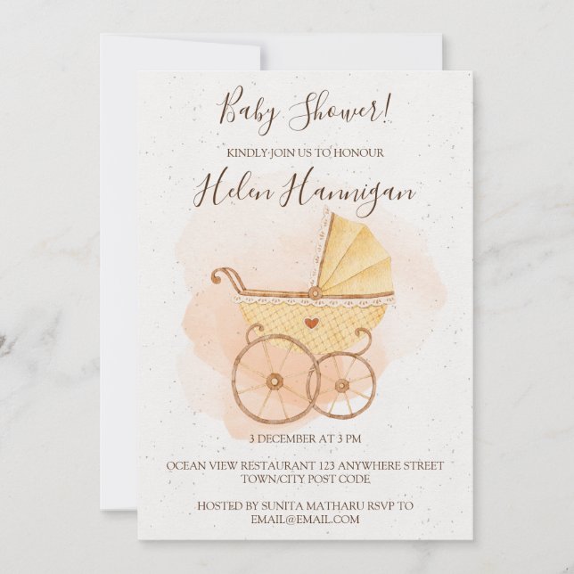 Invitation Baby shower rose Aquarelle Rustique (Devant)
